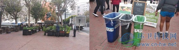 舊金山周三農夫市集上擺放標識清晰的分類垃圾桶