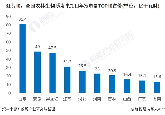 圖表10：全國農(nóng)林生物質發(fā)電項目年發(fā)電量TOP10省份(單位：億千瓦時)